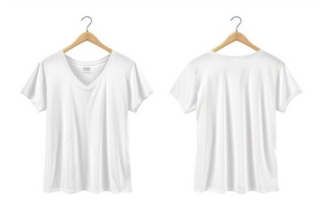 A simple closet scene with two white t-shirts hanging from a wooden hanger