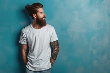 Poster - A portrait of a person with a long beard wearing a white t-shirt, great for personal use or advertising campaigns