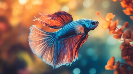 Wall Mural - Close-up of a Betta fish with a unique and colorful pattern, swimming gracefully amidst colorful aquarium decorations, emphasizing its elegance and vibrancy.