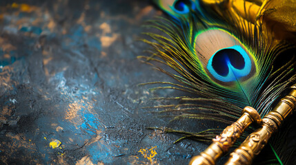 Sacred beautiful peacock feather and flute as symbol of Hindu god Lord Krishna. Krishna Janmashtami, Govardhan Puja. Indian culture and religious concept. Background with copy space for banner, poster