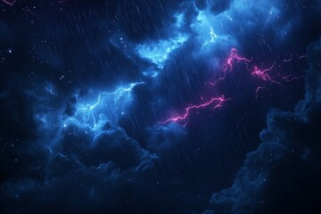Wall Mural - Flashing lightning and heavy rain falling in sheets, illuminating the night sky. 