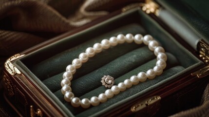 Poster - A beautiful pearl necklace and ring stored in a velvet case