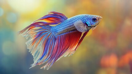 Poster - Close-up of a Betta fish with iridescent scales and long, flowing fins, captured in a peaceful aquarium setting with soft lighting that enhances its colors.
