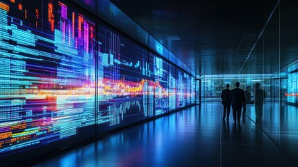 Wall Mural - Silhouettes of Men Walking Past a Wall of Colorful Data