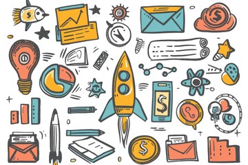 Aufkleber - Doodle art featuring a central rocket surrounded by creative scribbles
