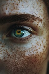 Poster - A close-up shot of a person's eye featuring freckles, suitable for use in portraits or beauty-related contexts