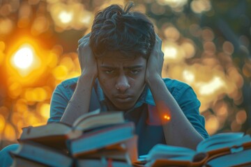 Poster - A person sitting amidst a stack of books, perfect for academic or intellectual concepts