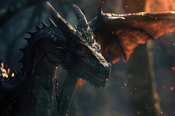 Poster - A close-up shot of a dragon's head and neck in a forest setting, suitable for fantasy or mythological themes