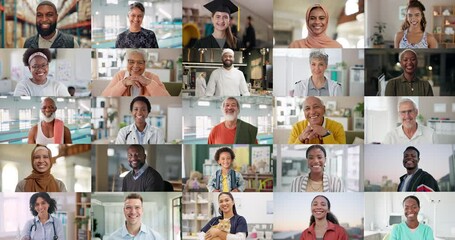 Canvas Print - Collage, diversity and face of people with career, jobs and occupation for international business. Montage, global workers and portrait of men and women for inclusion, professional group and support