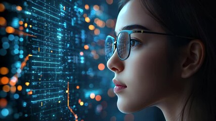 Fototapete - Woman wearing digital glasses looks at data visualization from blue and orange code strings on a dark background. Concept of technology and innovation