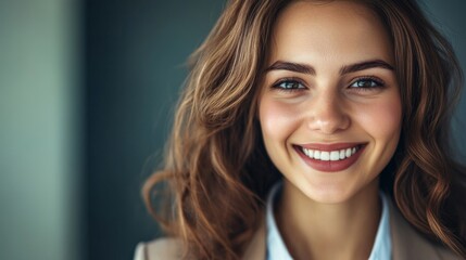 Aufkleber - Close-up of a businesswoman with a confident smile and clear, sharp features, dressed in professional clothing, representing success and authority.