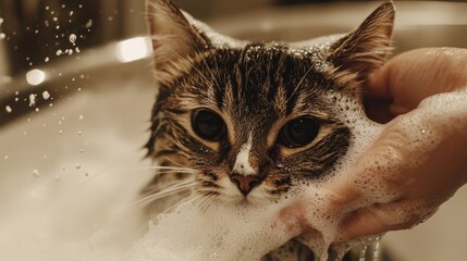 Poster - Close-up of a cat being bathed in a bathtub, with foam and water droplets on its fur, and a hand gently washing it, showing the interaction between the cat and owner.