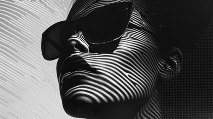 Poster - A black and white photo of a woman wearing stylish sunglasses, perfect for use in editorial or commercial contexts where a subtle yet striking visual impact is desired