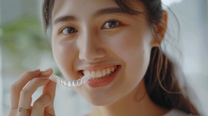 Poster - A woman holds a toothbrush against her mouth, preparing for oral hygiene