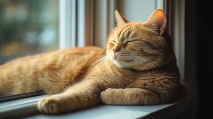 Poster - Close-up of a chubby orange cat lazily lounging on a windowsill, its fur glowing in the sunlight as it curiously looks outside