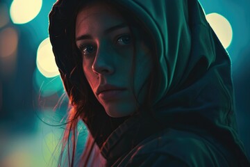 Poster - A woman wearing a hoodie looks directly into the camera