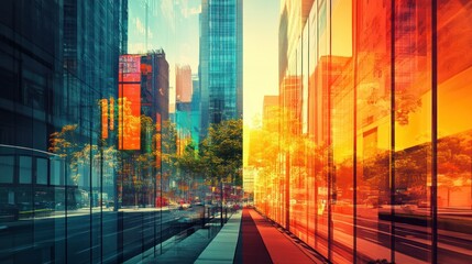 Poster - Glass Facade Reflecting Cityscape and Trees