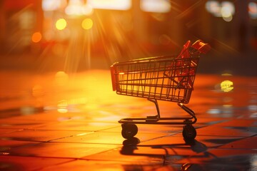 Aufkleber - A shopping cart sits on a tiled floor in a retail setting, providing a convenient spot to temporarily store items