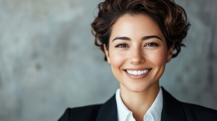 Aufkleber - Close-up of a confident businesswoman smiling directly at the camera, dressed in a professional suit, showcasing her determination and poise.
