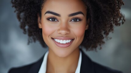 Aufkleber - Close-up of a confident businesswoman smiling directly at the camera, dressed in a professional suit, showcasing her determination and poise.