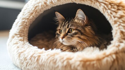 Poster - Close-up of a cozy, plush cat house with soft bedding inside, nestled in a corner, offering a perfect hideaway for a feline friend.