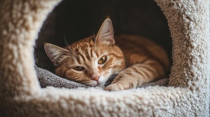 Poster - Close-up of a cozy, plush cat house with soft bedding inside, nestled in a corner, offering a perfect hideaway for a feline friend.