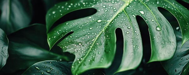 Lush monstera plant leaf covered in fresh water droplets showcasing vibrant green hues and natural textures