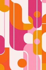 Wall Mural - Pink and orange retro groovy pattern with simple geometric shapes in a bold and vibrant abstract design