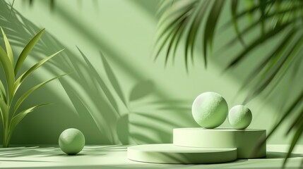 Wall Mural - Abstract scene with green background featuring grass balls and palm leaf shadows. Quality podium for promoting products, beauty, eco-friendly cosmetics. Display case.