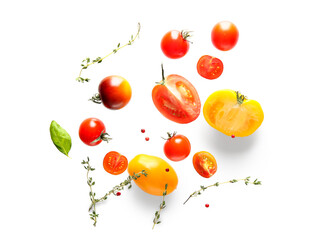 Flying fresh tomatoes and different spices on white background