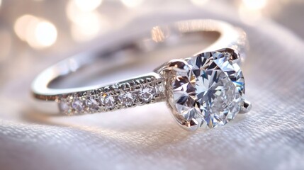 Poster - Close-up of a diamond engagement ring on a white background, capturing the fine details of the setting and the sparkling gem.