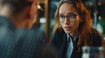 Poster - A woman sits at a table wearing glasses, possibly working or studying