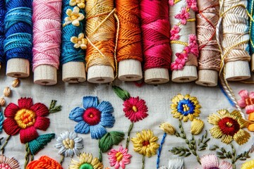 Aufkleber - A collection of spools of thread resting on a table surface, potentially for sewing or crafting purposes