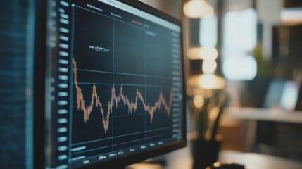 Poster - Close-up of a financial graph on a computer screen, showcasing upward and downward trends with detailed line and bar charts.