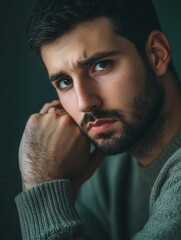Aufkleber - A man appears deep in thought, gazing seriously while resting his chin on his hand, illuminated by soft evening light in a peaceful setting. Generative AI