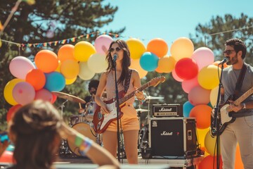 A lively outdoor birthday celebration features a band playing while guests enjoy the sunny atmosphere and vibrant decorations.