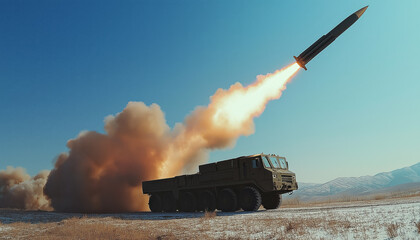 ICBM ballistic missile being launched at remote location military test base. Large transportation vehicle near. Generative AI