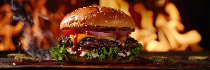 Poster - Spicy Cheeseburger topped with Lettuce, Tomato, Onion, Pickles, Mayo, and BBQ Sauce