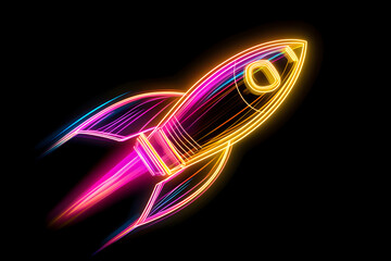 Wall Mural - Neon illustration of a rocket ship symbol isotated on black background.