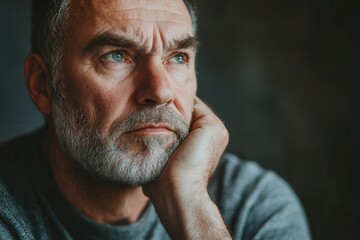 Aufkleber - A man resting his chin on his hand appears lost in serious thought while contemplating life's complexities in a quiet moment. Generative AI