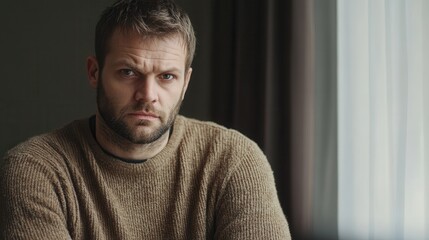 Aufkleber - A man sits quietly, deep in thought, wearing a sweater, as gentle light filters through the window, creating a serene atmosphere. Generative AI