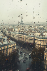 the group of the renaissance building in paris view thru the glass window during the raining day 