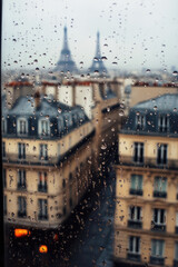 the group of the renaissance building in paris view thru the glass window during the raining day 