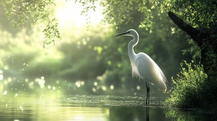 Wall Mural - White heron on green backdrop.