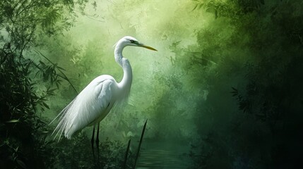 Wall Mural - White heron amidst verdant scene.