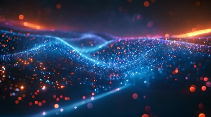 Wall Mural - Abstract background with blue and orange glowing particles and bokeh.