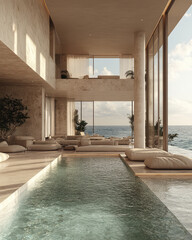 indoor pool area in the luxury ocean view mansion on the cliff on Greece Island 