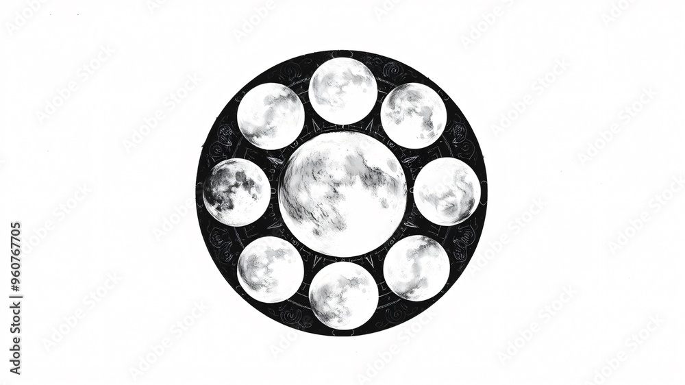 Phases of the moon portrayed as a circular design with various moon ...