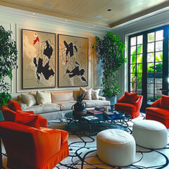 70's retro design of the living room of the vintage house with colorful painting and orange chairs 