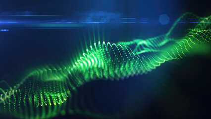 Poster - A green, glowing particle wave forms a dynamic curve, suggesting energy, sound, or data visualization on a dark background